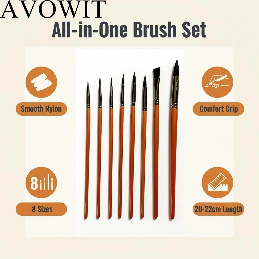 AVOWIT 8-teiliges Kunstpinsel-Set – Vielseitige runde und flache Nylonpinsel für Acryl, Aquarell, Öl, Gesichtsbemalung, Leinwand und DIY – Detail 5