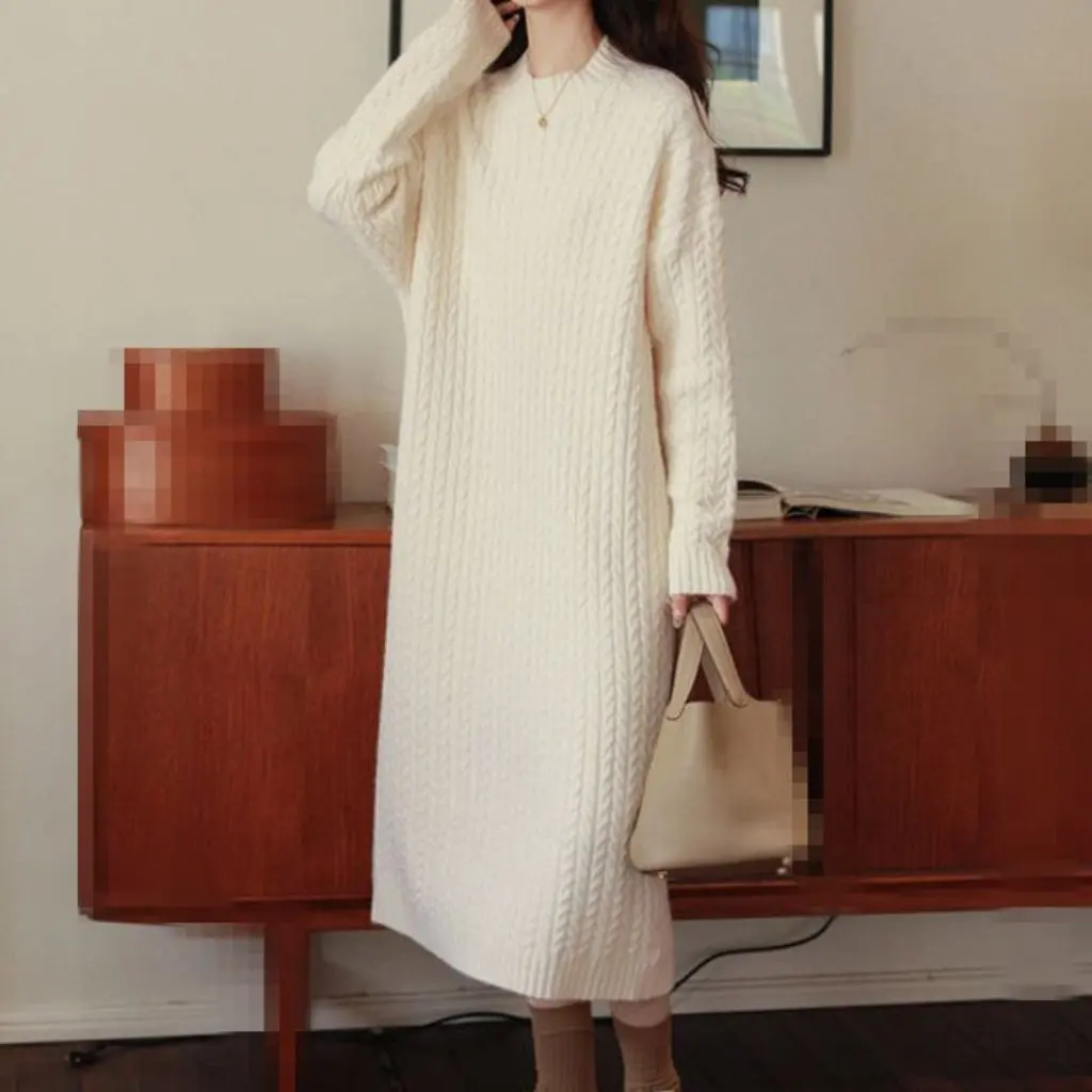 

Women's Long Twist Sweater round Neck Knitted Dress Japanese Korean Style Solid Color Autumn Winter Casual Lazy Style