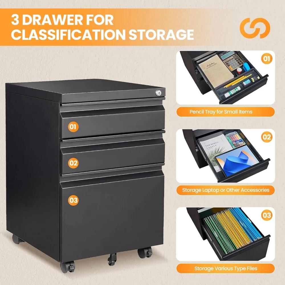 خزانة ملفات معدنية متنقلة مع قفل، خزانة تخزين دوارة ذات 3 أدراج للمكتب المنزلي، خزانة ملفات مجمعة بالكامل على عجلات