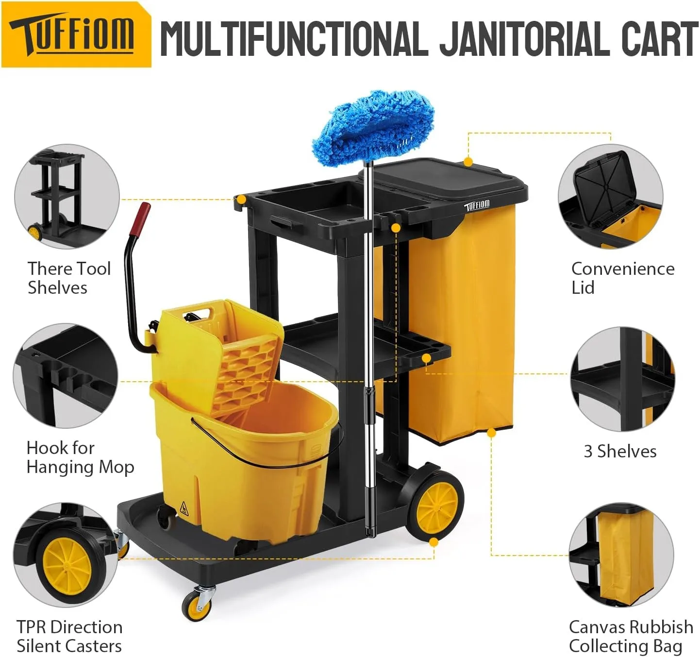 

500 Lbs Capacity Janitorial Cart 3-Tier Rolling Cart w/ 15-Gallon Collection Bag