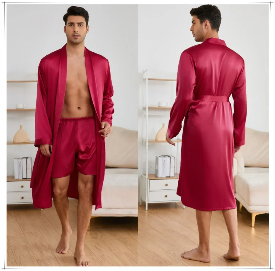 Solid Home Clothes Bathrobes Set Men Silkly Satin Men Nightwear Loose Japanese Mens Pyjama Set Summer Kimono Shorts Pajamas Suit