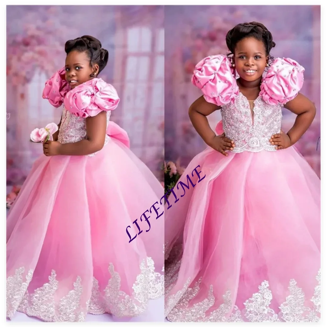 ชุดเดรสเด็กผู้หญิงสีชมพูอ่อน ผ้าทูลล์ประดับมุก สำหรับงานแต่งงาน งานวันเกิด งานเลี้ยง ชุดเจ้าหญิง สั่งตัดได้