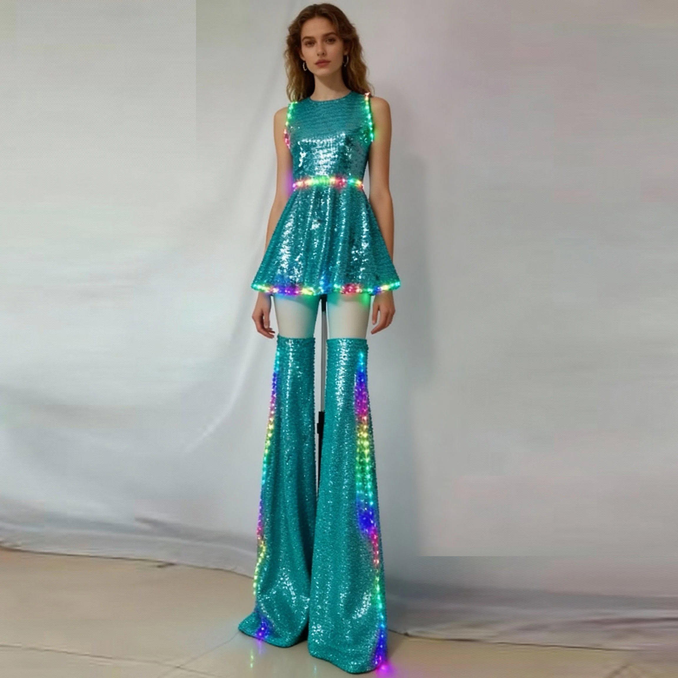 

Women's Sleeveless Sequin Party Dress Shining Laser PU Clubwear Gogo DJ Performance Costume for Stilt Walker Stage Show