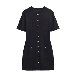 XNWMNZ Women's Stylish Elegant Pocket knitted Mini Dress Women Autumn/Winter slim short dress decorated with gold buttons