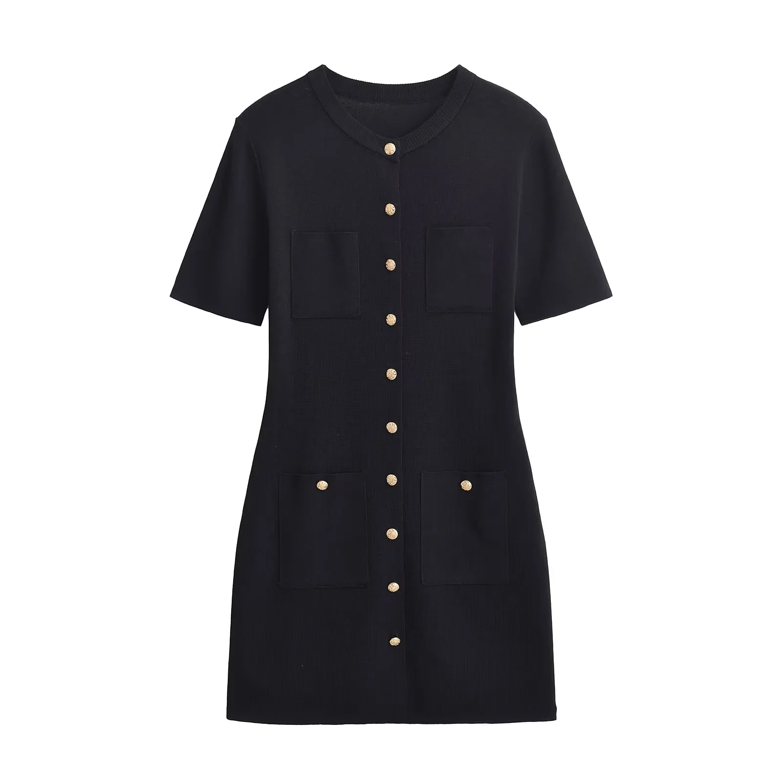 XNWMNZ Women's Stylish Elegant Pocket knitted Mini Dress Women Autumn/Winter slim short dress decorated with gold buttons