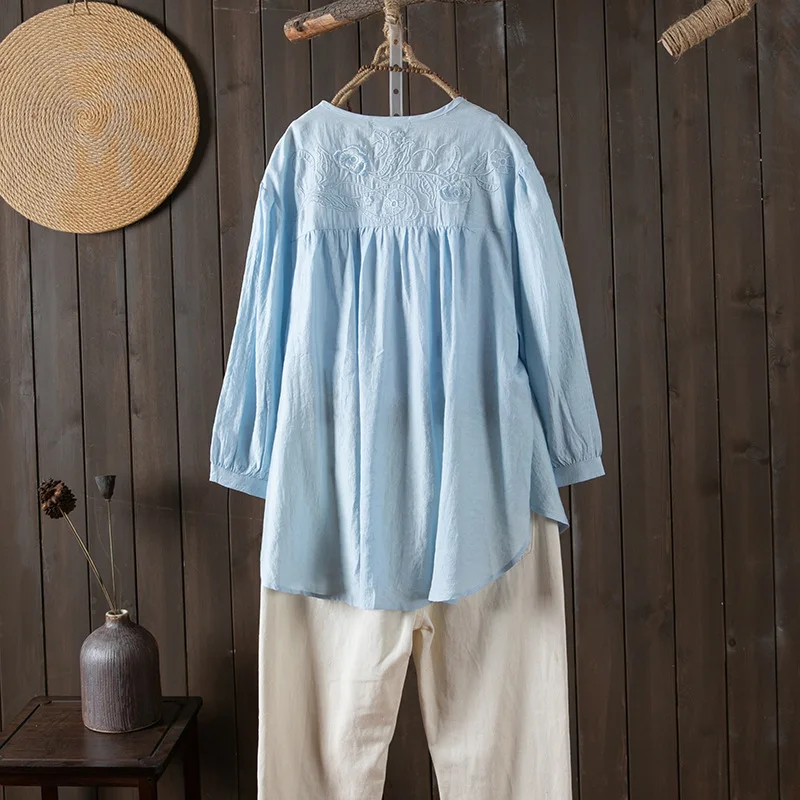 New 2025 Spring Cotton Nine Quarter Sleeve Shirt, Women Stand Embroidery, Mori Girl Retro Commute Casual Loose Blouse T53741CC