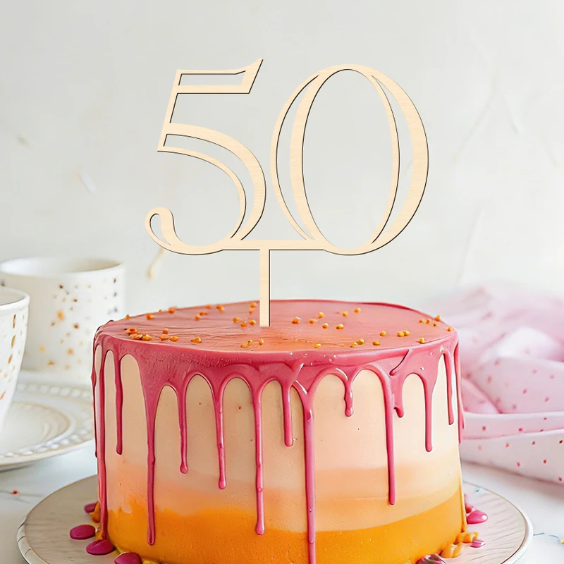 NUBECOM 50er Kuchen-Topper aus Holz, 50. Geburtstag Kuchendekoration, Nummer 50 Kuchenschmuck für Hochzeit, Jubiläum, Party, Kuchenschild – Detail 8