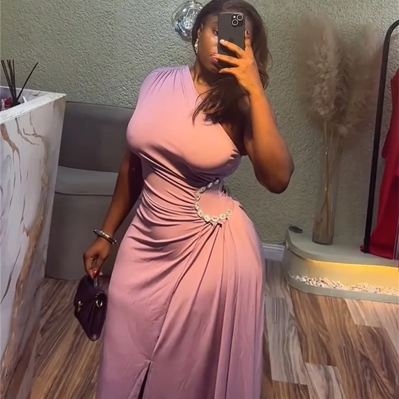 2025 verão nova moda feminina elegante gola assimétrica plissado strass cintura-cinching irregular vestido longo feminino elegante