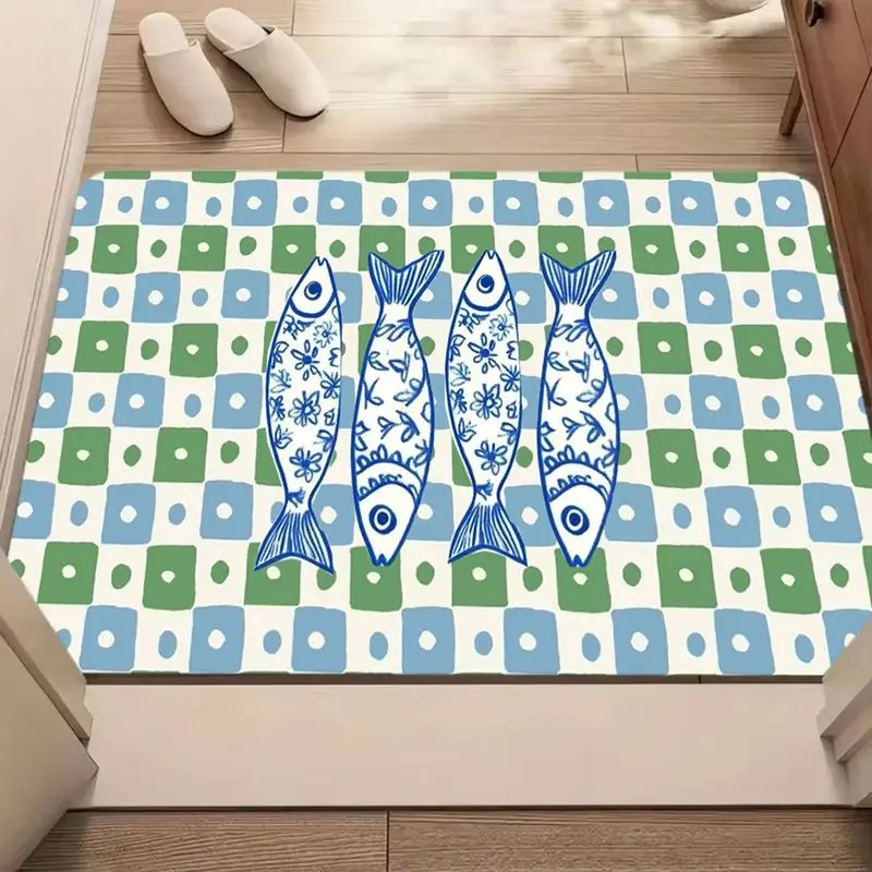 VIKAMA Colorful Fish School Door Mat Green Stripe Print Non Slip Rug For Entryway Front Door Indoor Outdoor Nautical Beach Decor