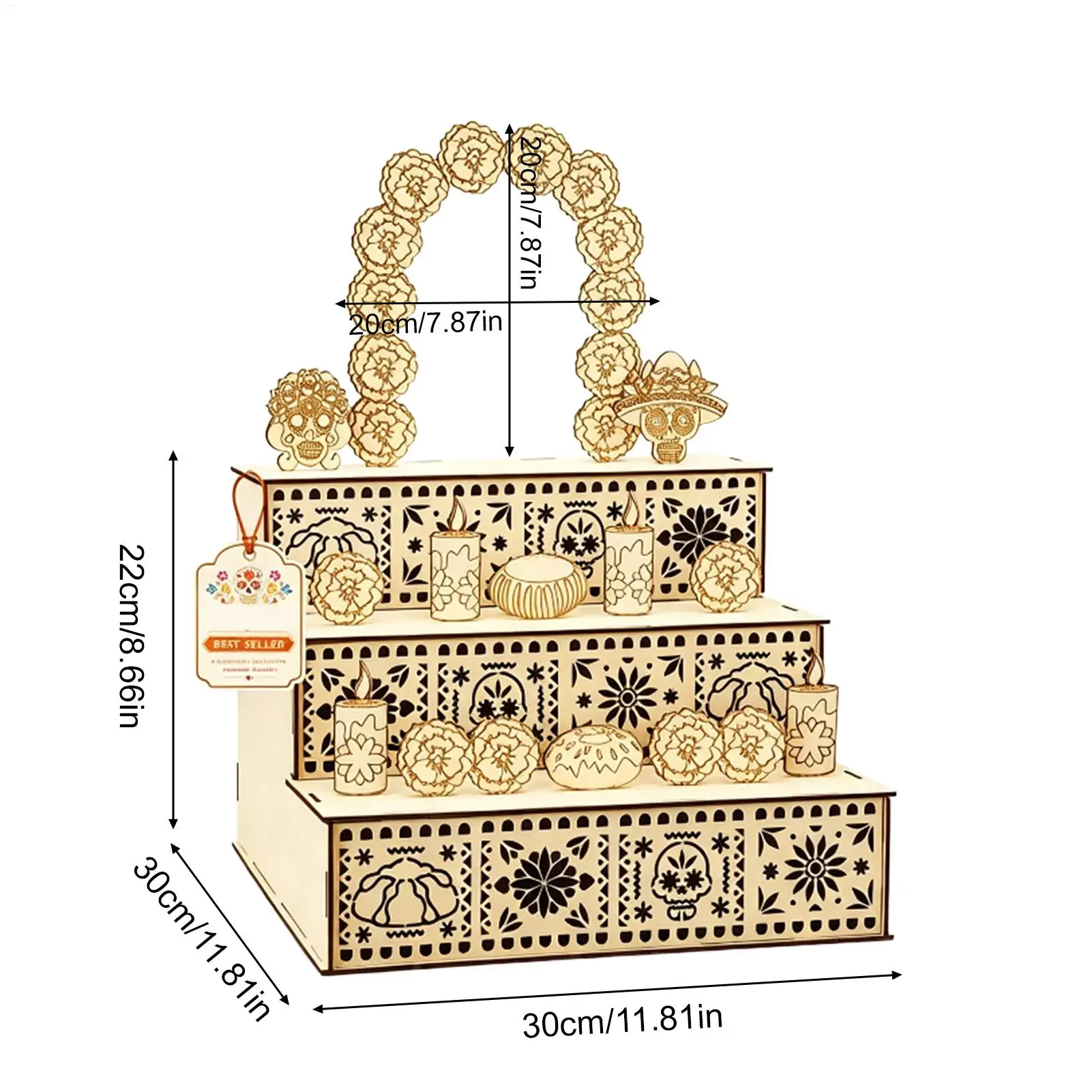 Holz-Altar-Set zum Tag der Toten, 3-stufige saisonale Dekoration mit Ringelblumen-Schädel, Heim- und Wohnzimmer-Kaminornamente – Detail 4