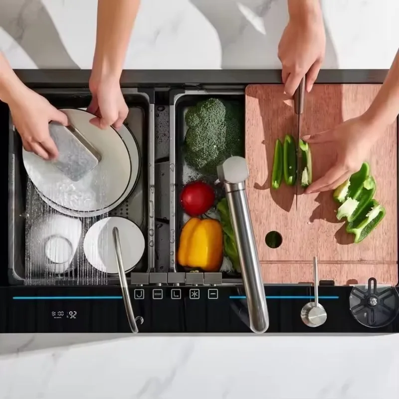 High Quality Single Bowl Stainless Steel Kitchen Sink with Faucet Handmade Digital Display Waterfall Bottom Black Kitchen Sink