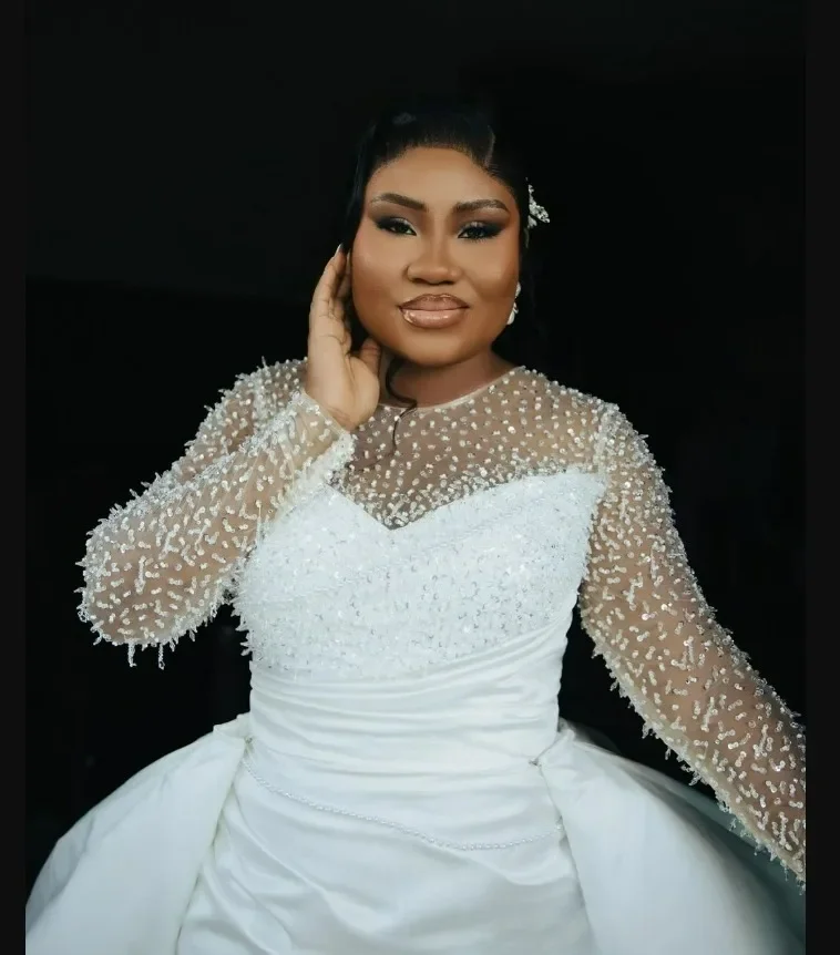 Customized Sheer Neck Shinny  Beads Wedding Dress with Removable Skirt   Vestidos De Novia  Long Sleeves Satin  Bridal Gowns