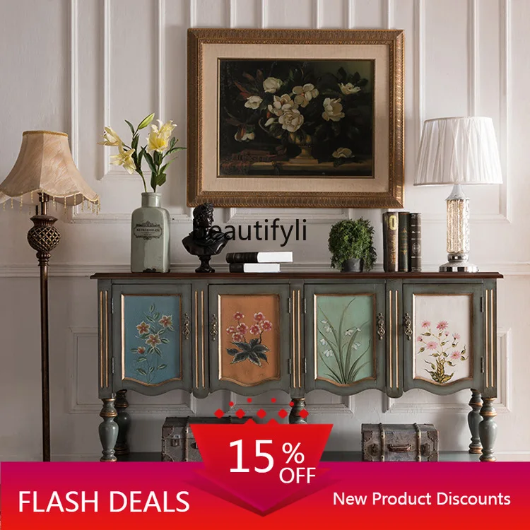 خزانة مدخل على الطراز الأمريكي لغرفة المعيشة، وحدة تخزين طويلة، خزانة جانبية مطلية عتيقة #1