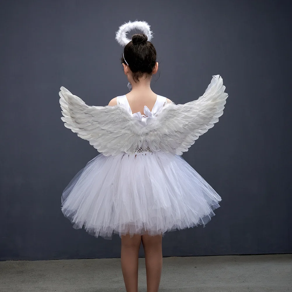 Theeper Sweet White Tulle Princess Dress Matching Wing Accessory Show Stage Holiday Banquet For Birthday Photoshoot Mesh Outfit