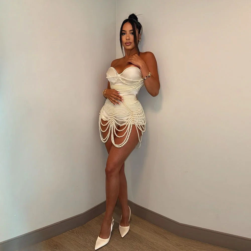 

Luxury Pearls Beaded Stretchy Women Bodysuit Amazing Women Corset Lace Up Back Female Costume For Stage Show Party Gown Customiz