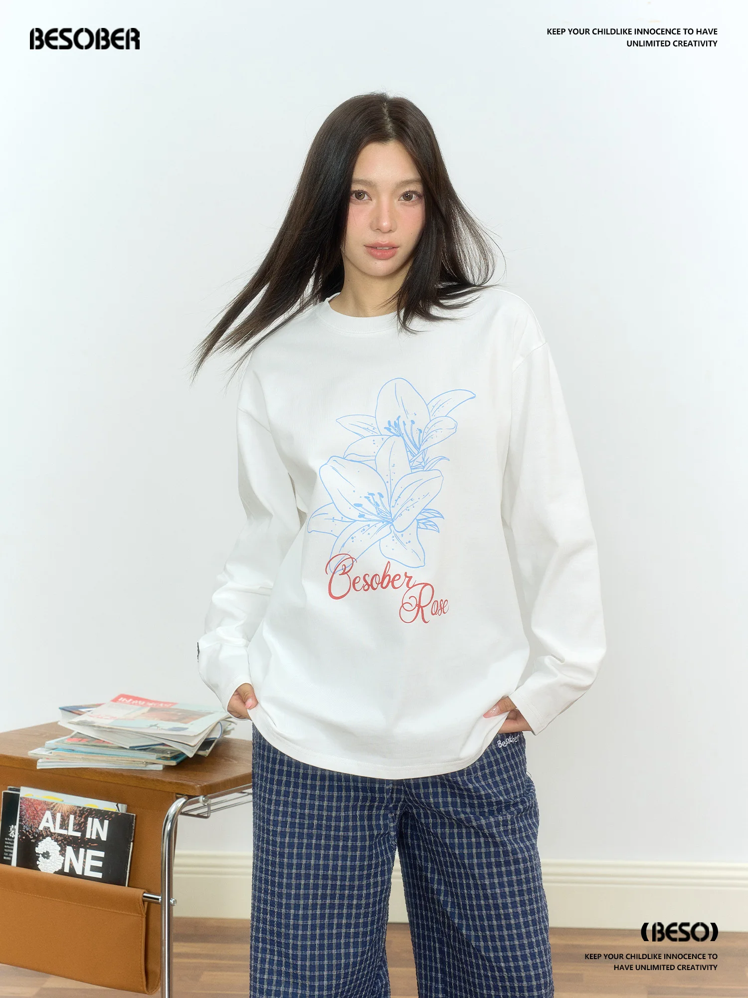 

BESOBER Original Floral Print Long Sve T-irt Women's Loose Casual Sweatirt All-Match Korean Sle Top for Autumn