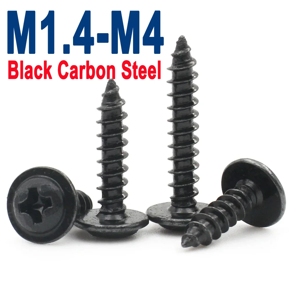 

50/100/200pcs M1.4 M1.7 M2 M2.3 M2.6 M3 M3.5 M4 Mini Black Carbon Steel Phillips Cross Round Head with Washer Self Tapping Screw