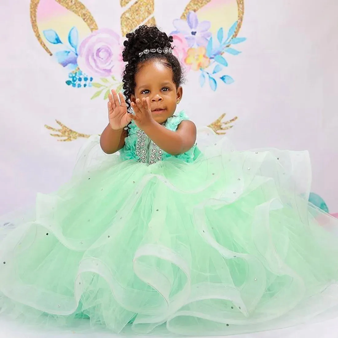 

Mint Green Flower Girl Dresses Beading 3D Floral Girls Dress Ruffles Princess Baby Kids Girls First Birthday Party Gowns