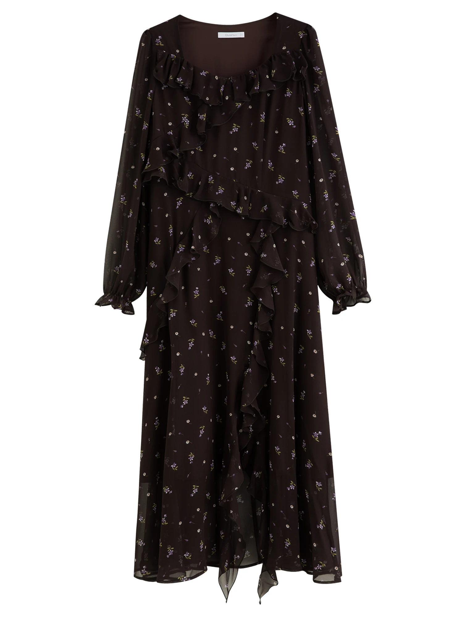 DUSHU 2026 Herbst Neues Französisches Braunes Blumen-Midikleid mit Rüschendetails Schlankmachendes Kleid mit Quadratischem Ausschnitt in Mehreren Größen Erhältlich – Detail 3