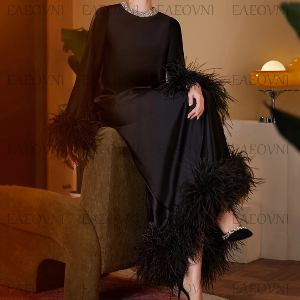 Customized Temperament Prom Gown Straight Long Sleeve Feather Formal Party Dress Solid Color Ankle-Length Vestido De Novia فساتي