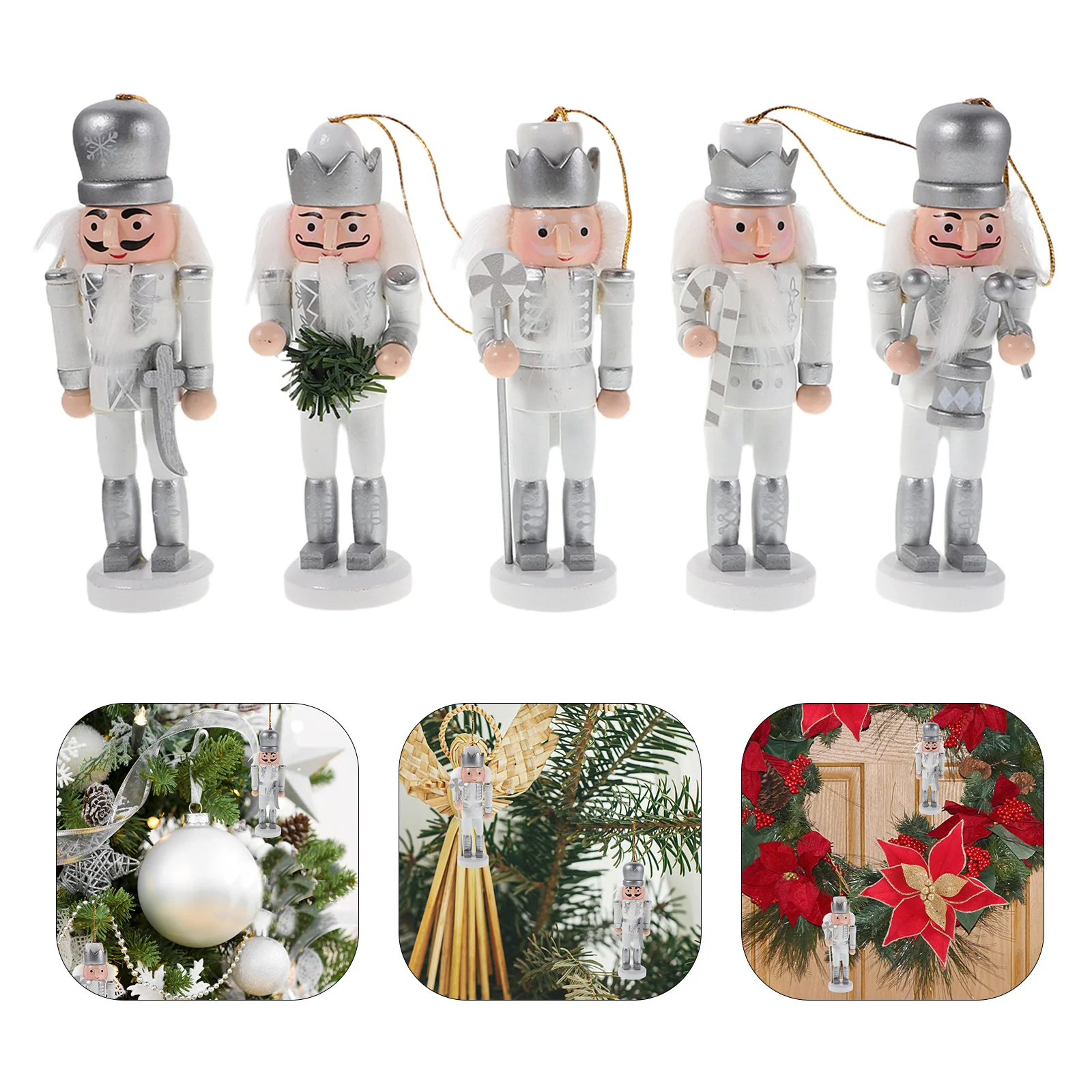 

1Set Small Nutcrackers Wooden Silver Finish Holiday Decorations for Christmas Tree Desktop Fireplace Home Decoration