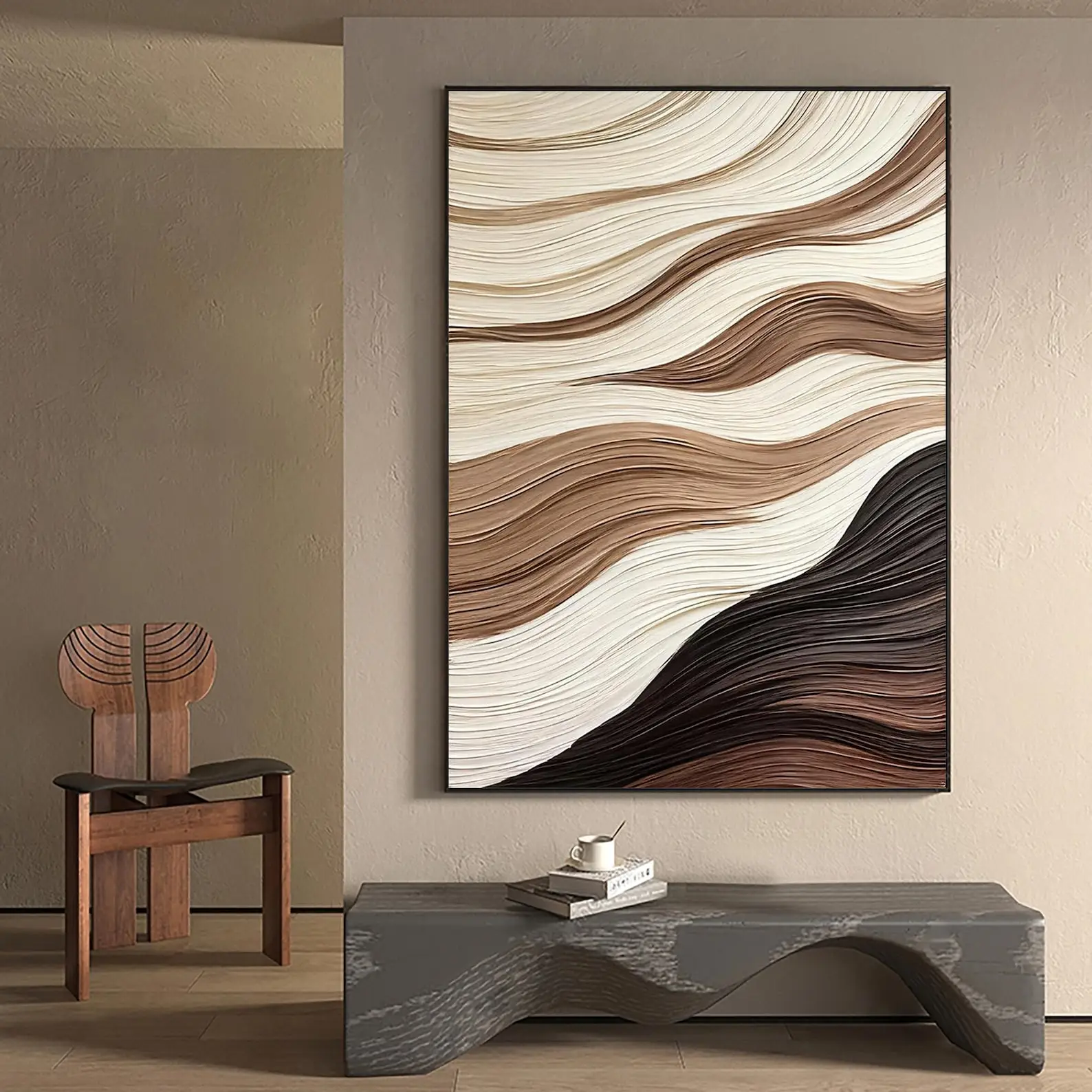 Mhemyo Original Neutral Wave Textured Oil Painting Large Beige Brown Abstract Handmade Canvas Modern Minimalist Decor for Living