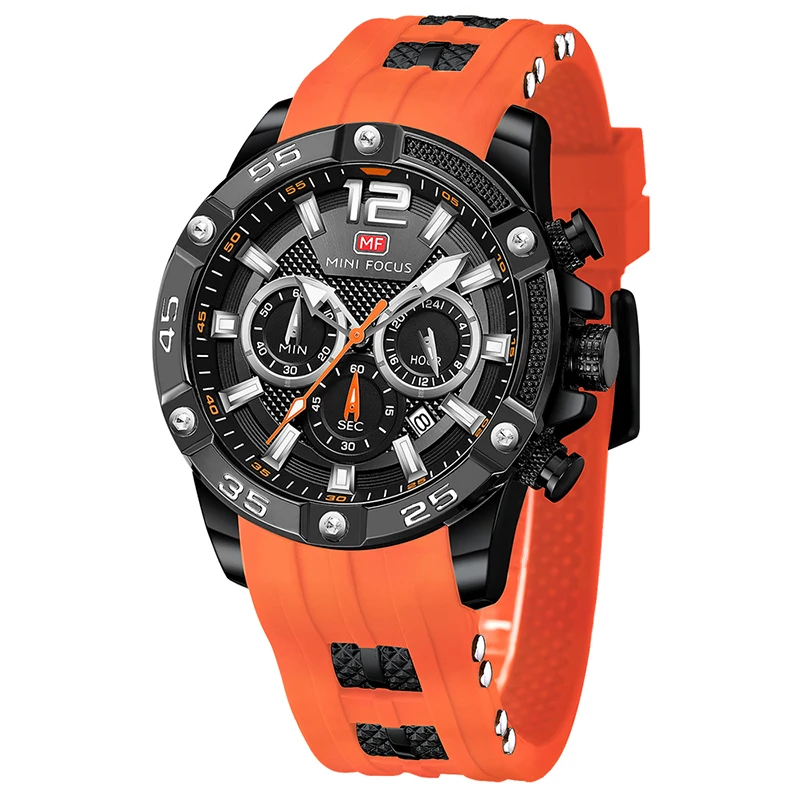 

Latest MINI FOCUS MF0349G Sports Wristwatch Men Orange Silicone Strap Waterproof Chronograph Luminous Hands Quartz Watches