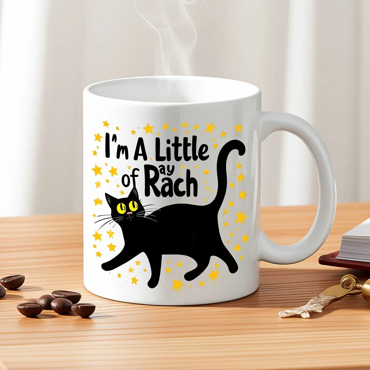 Cute 11oz Ceramic Mug Black Cat Yellow Eyes Starry Sky Design I M A Little Ray of Rach Text Birthday Christmas Halloween Gift