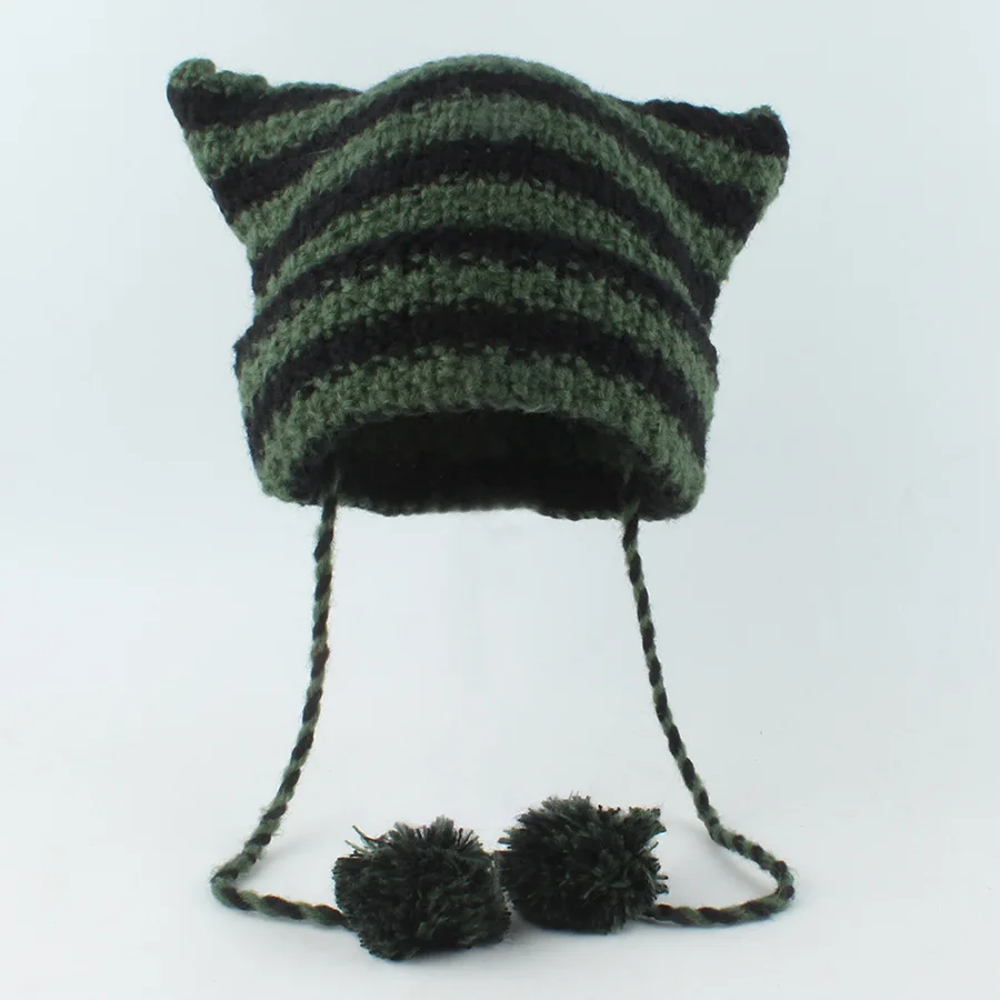 Japanese Y2K Cute Black White Striped Cat Ears Wool Hat Women Autumn Winter Warm Little Devil Hanging Ball Knitted Beanie Hat