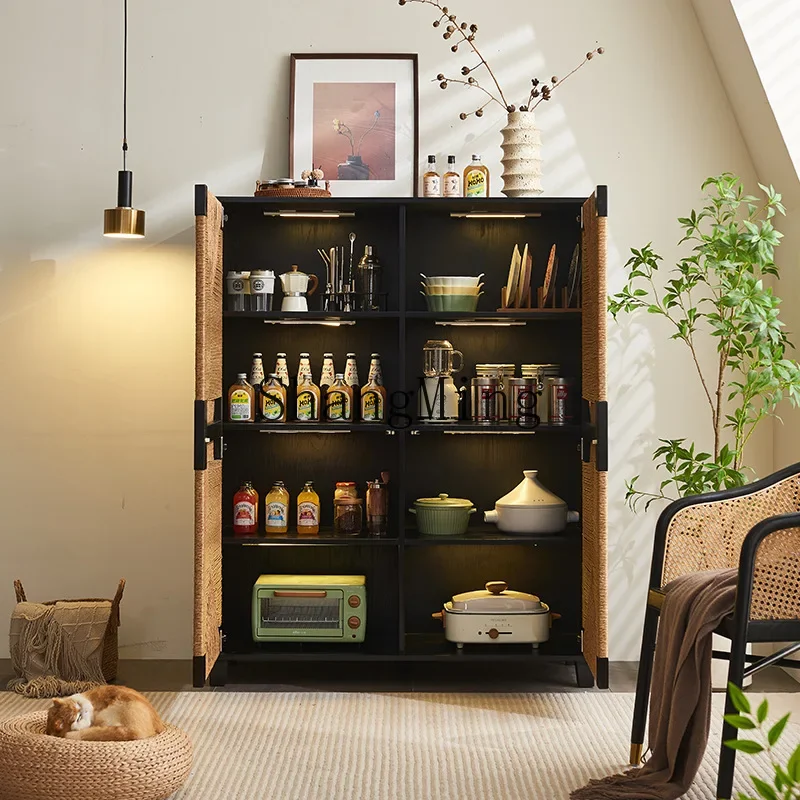 

FG Rattan Craftsman Vintage Rattan Solid Wood Sideboard Cabinet Zen Style Black Entryway Storage Double Door Cabinet