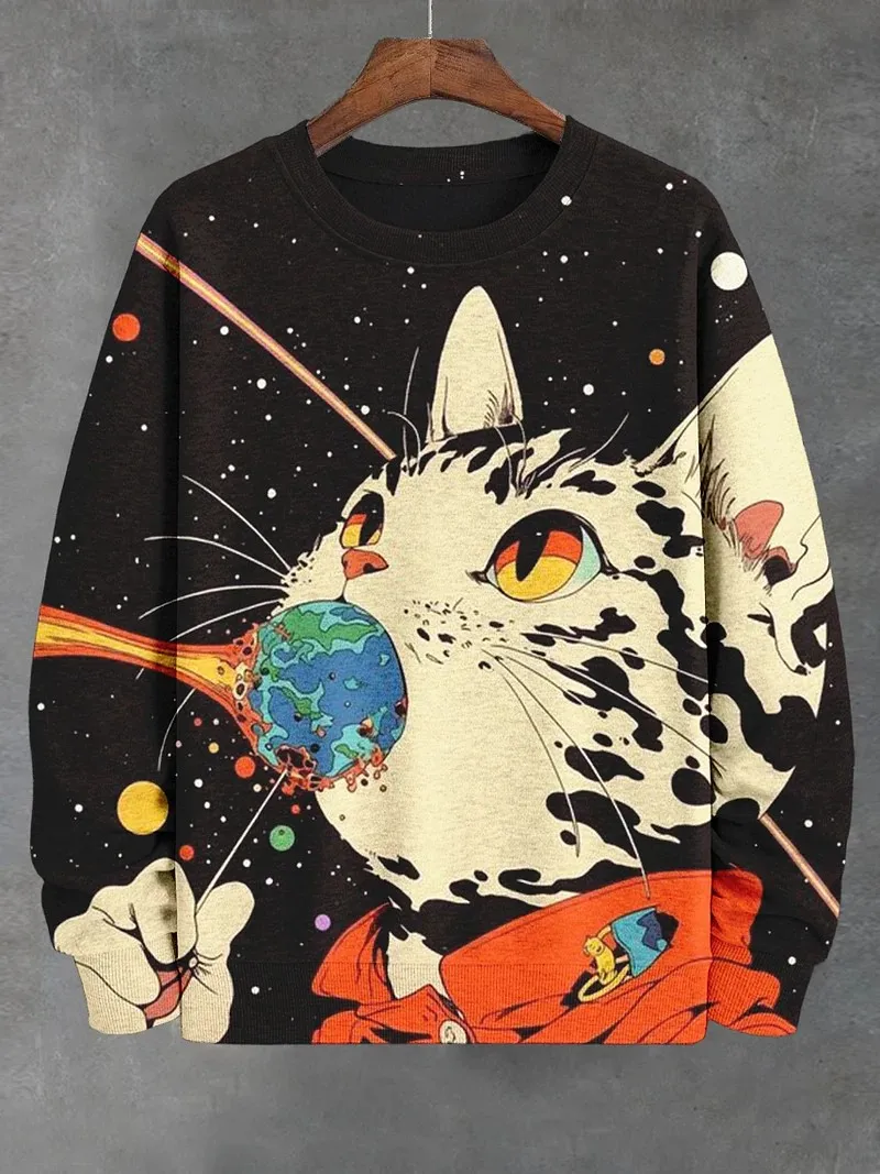 Men's Animal Cat Sweatshirt Long Sleeve Sweatshirt Crew Neck Fashion Cool Daily 3D Printed Japanese Art Print Casual Sweatshirt