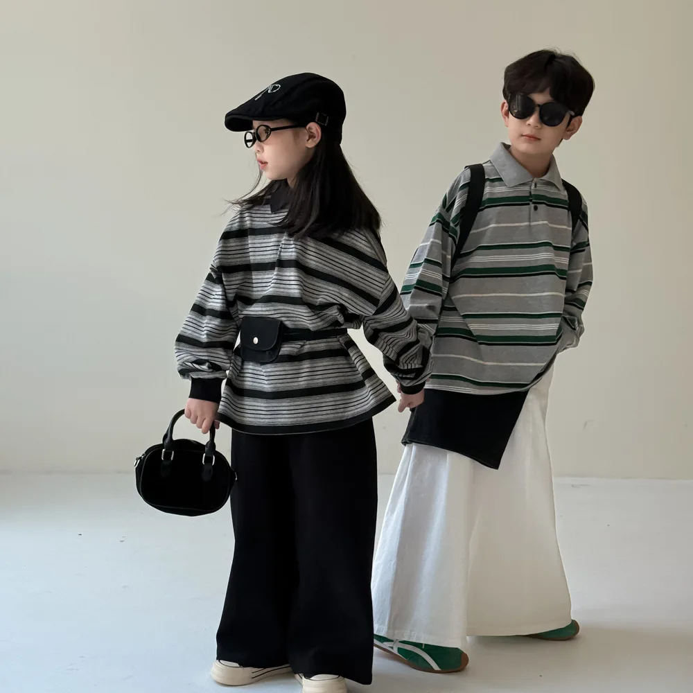 

2025 Autumn Kids Polo Shirt Unisex Striped Long Sleeve Tops children Casual Wear Toddler Boys Girls Outfit