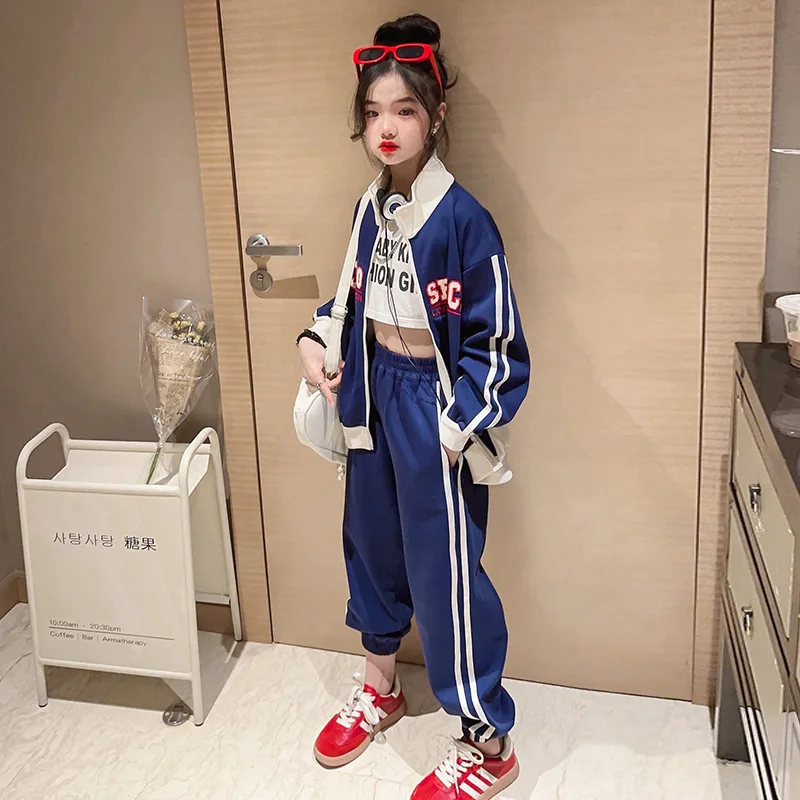 

Korean Childrens girl Clothing set 2023 Spring Tracksuits Navy Zipper Coat jacket+Jogger Pants 2 piece Kids girls Outfit Clothes