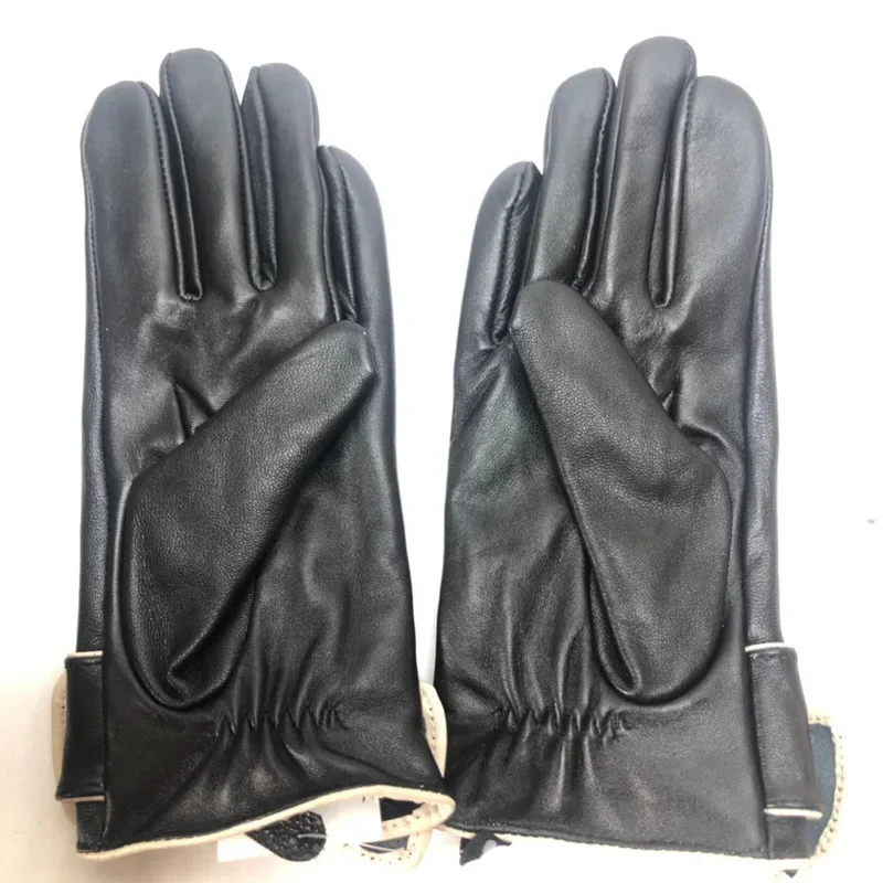 Brand Design Women Genuine Leather Sheepskin Bow Decoration Velvet Lining Keep Warm Winter Black Gloves