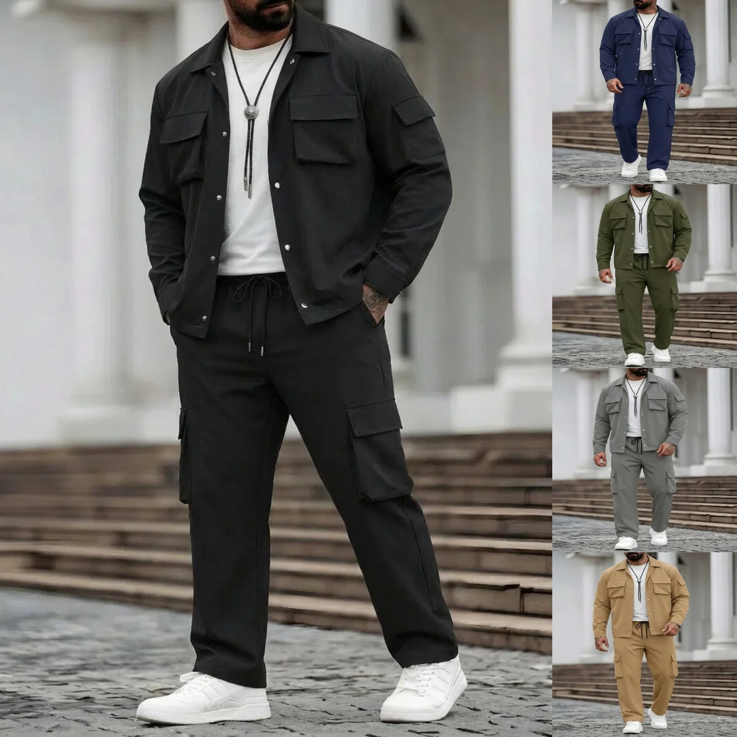 

Spring and Autumn men's new woven fabric, multi-pocket arm pouches, fashionable and casual workwear long-sleeved long pants set