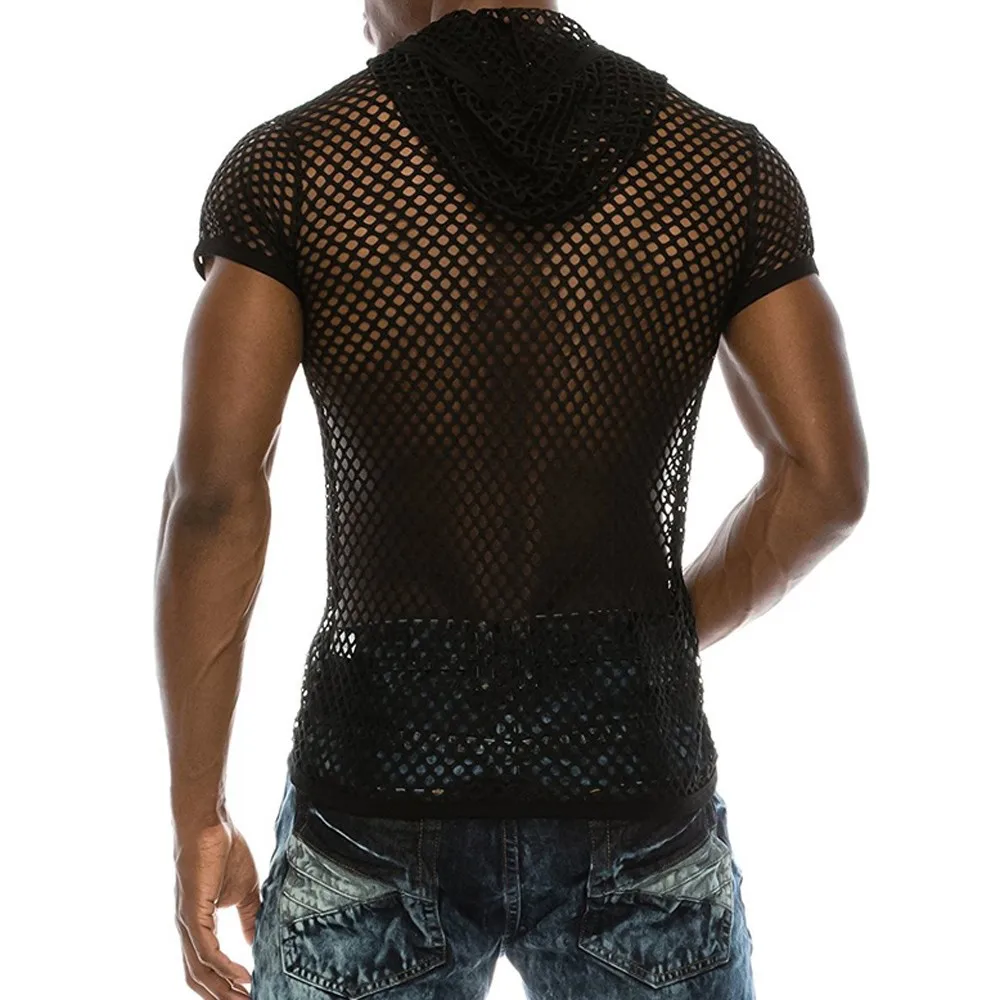 Men T Shirt Mesh Transparent Hooded T-shirts Sexy Streetwear Fashion Party Nightclub Men Black White Clothing