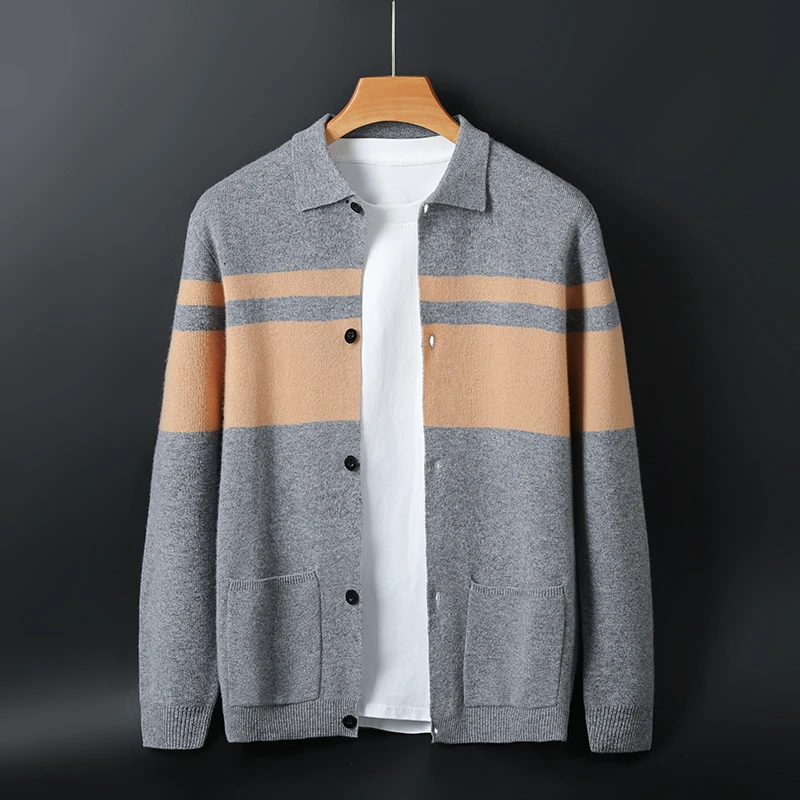 Spring and Autumn New Men's Casual Single Breasted Cardigan Color Block Polo Collar 100% Pure Wool Warm Thick style Sweater Coat