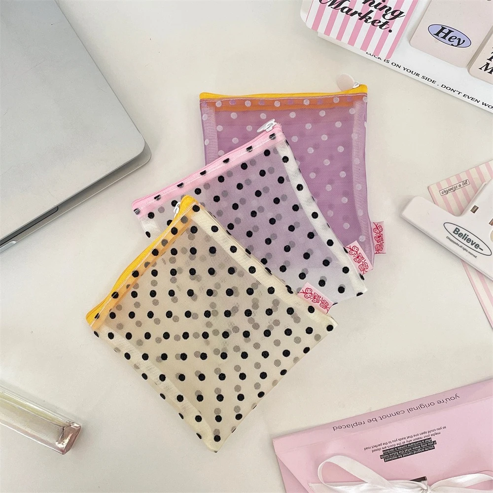 Black Polka Dot Mesh Cosmetic Bag Zipper Women's Transparent Portable Daily Sundries Storage Makeup  Pouch