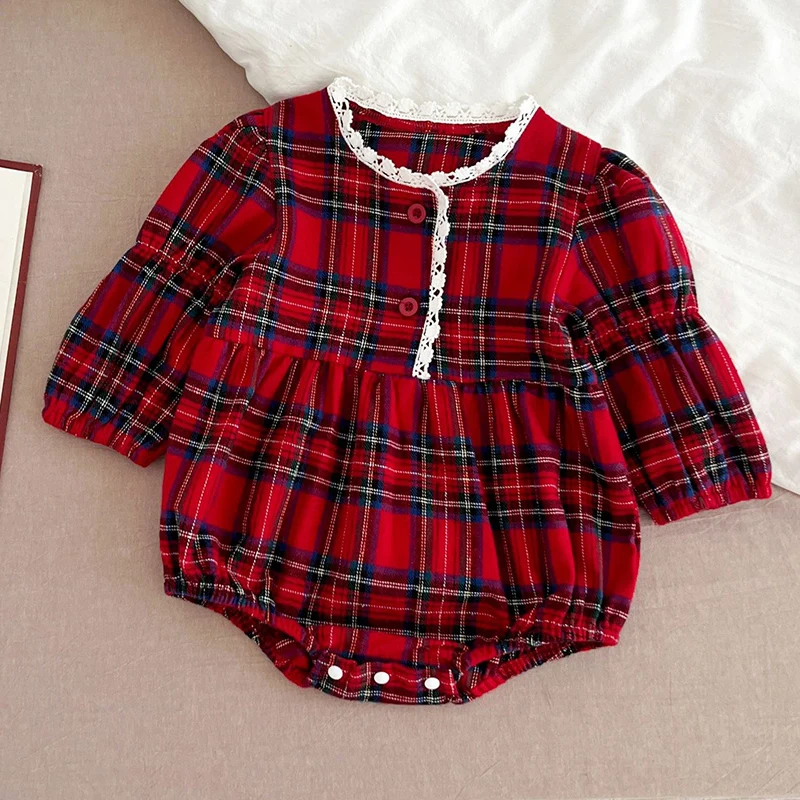 Neue Weihnachten Kleinkind Baby Mädchen Strampler Lange Ärmel Grid Strampler Herbst Neugeborenen 0-24M Spleißen Infant Baby mädchen Rot Overall – Detail 13