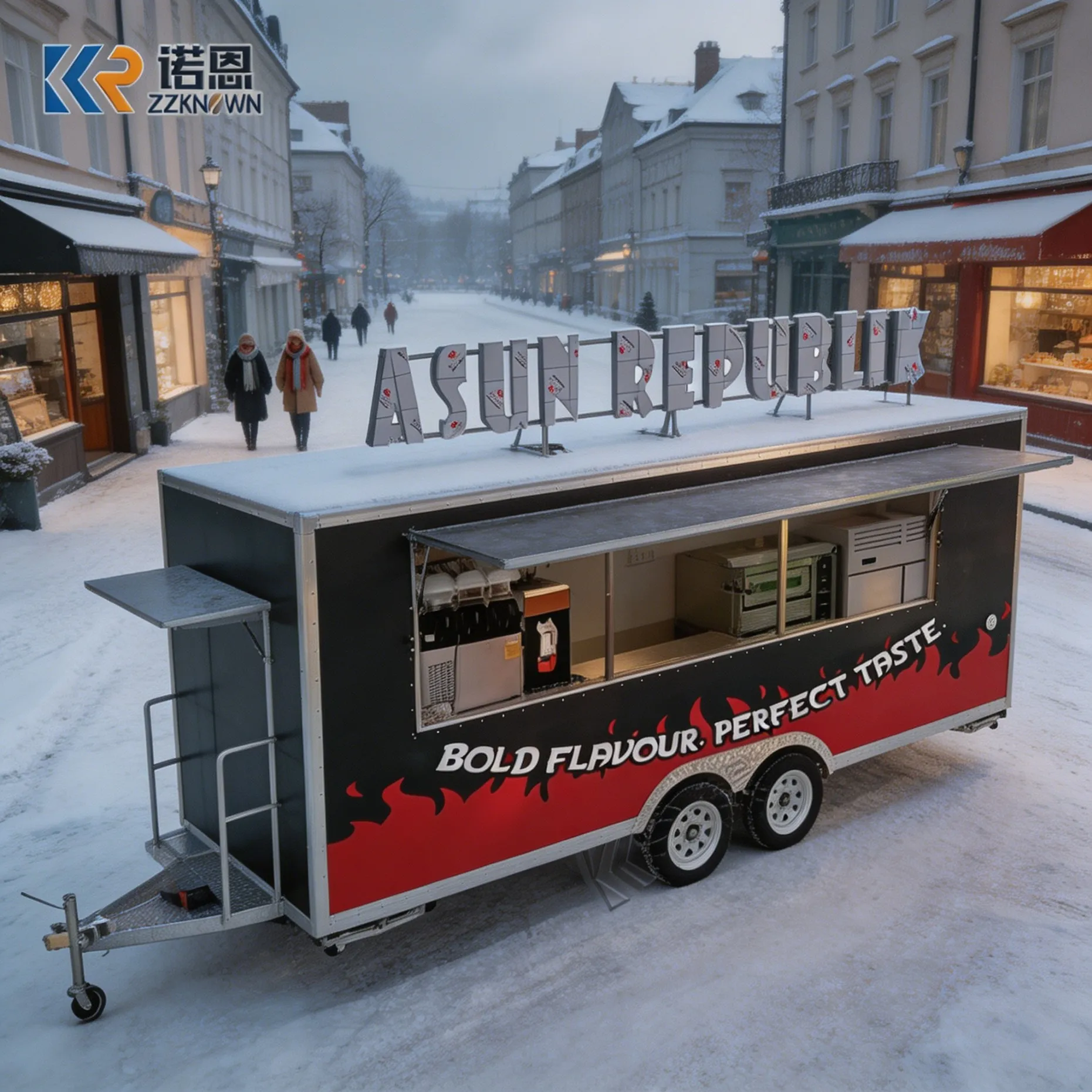 Outdoor Mobile Food Truck Main Body Stainless Steel Mirror Finish Futuristic Visual Effect Dual Wheels Towed by Vehicle