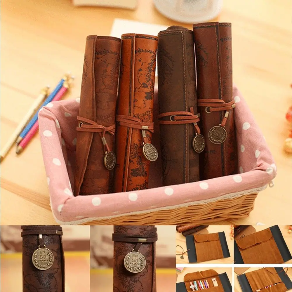 

Hot Sale Retro Vintage Roll Case Bag Purse Pouch Pen Pencil Case for School Cosmetic Make Up PU Bag Leather