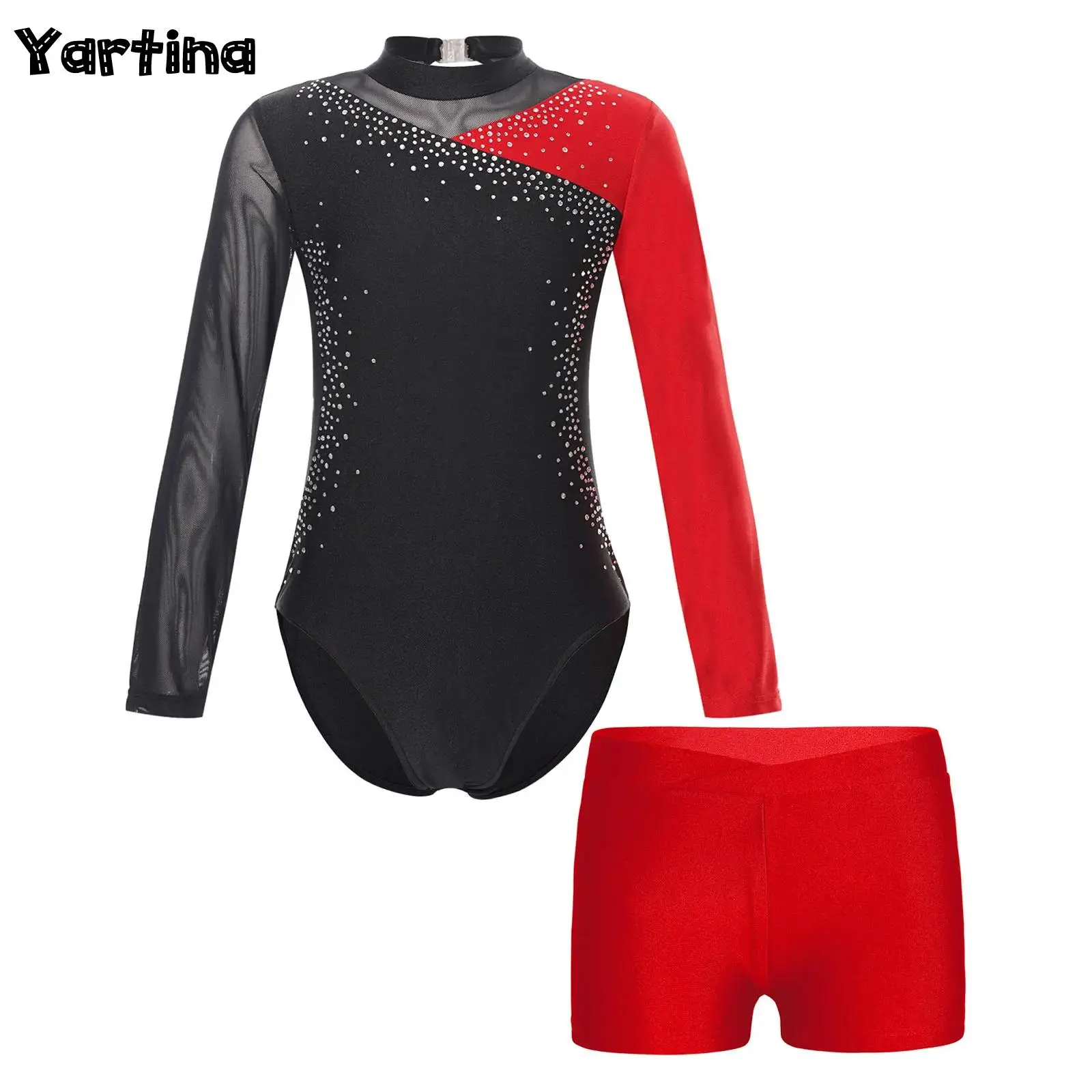 Kids Girls Gymnastics Artistic Figure Skating Ballet Jersey Dance Costume Shiny Rhinestone Long Sleeve Jumpsuit with Shorts