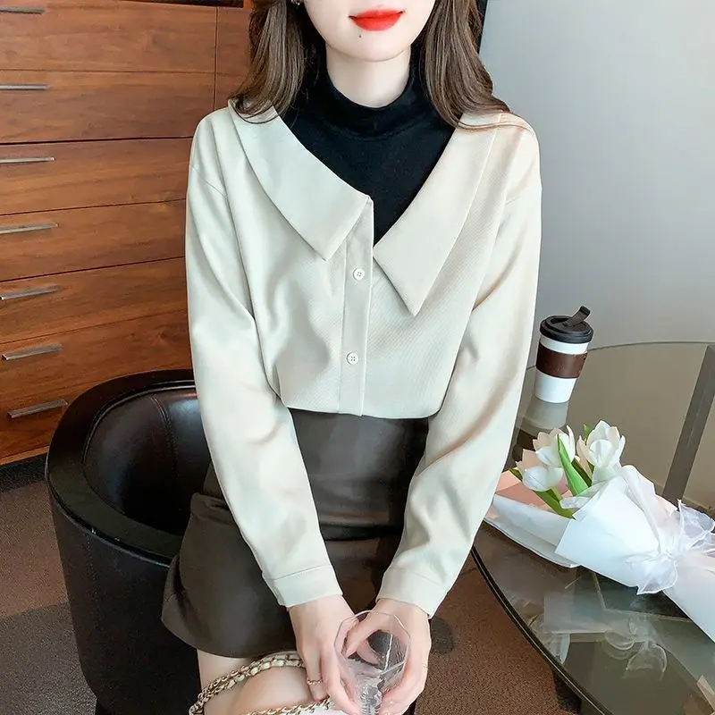 Elegant Fashion Harajuku Slim Fit Fake Two Pieces Blusa Button Stand Collar Long Sleeve Tops Women All Match Women's Clothing