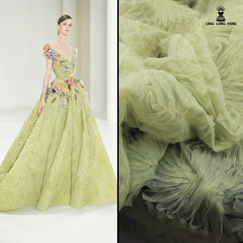 Tessuto ricamato a rete tridimensionale verde per tessuto di design di abbigliamento per abiti da sposa