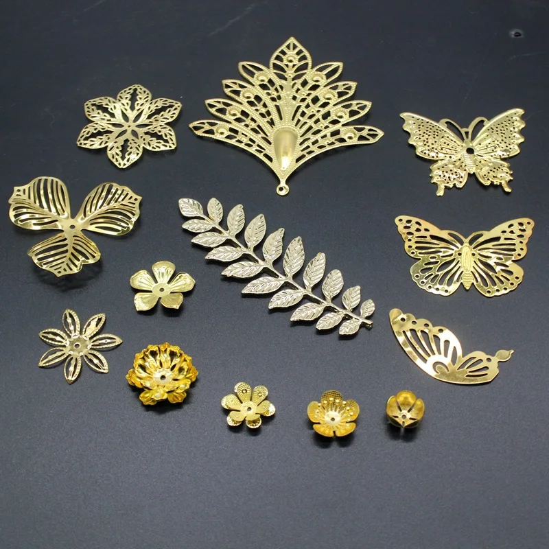 Metal Filigree Golden Flowers Branches Leaves Butterfly  Hollow Wraps Connectors Free Jewelry Findings