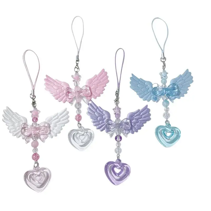 Modischer Niedlicher Flügel-Schleifen-Herz Handy-Anhänger Kette Süßer Schlüsselanhänger Damen Taschen Accessoires Geschenk