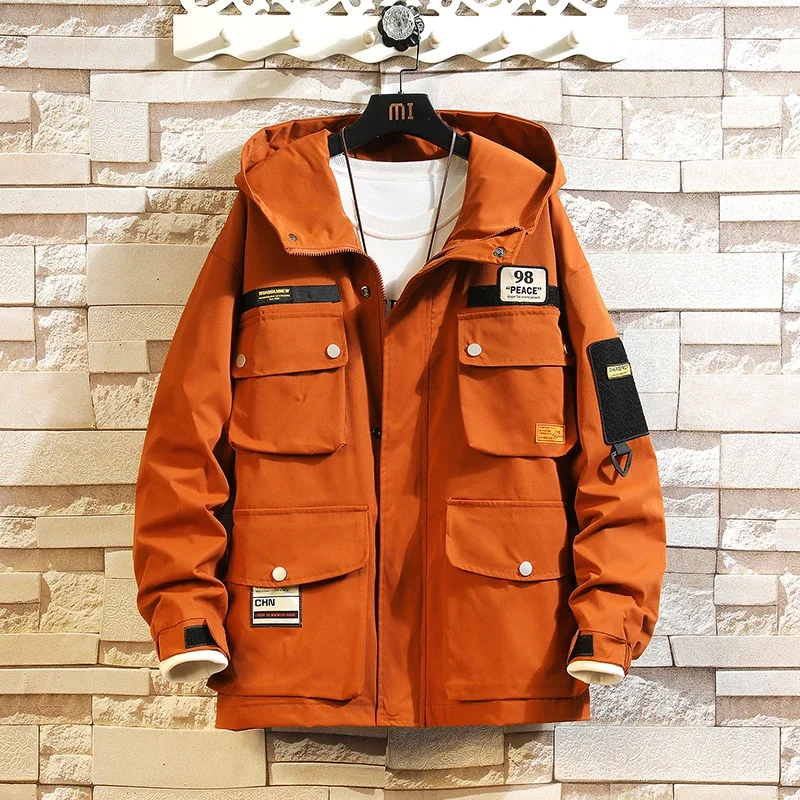 Men Jacket Multi Pockets Hooded Outwear Korean Fashion Patch Jackets Zipper Coats Retro Techwear OverSize Men Clothing