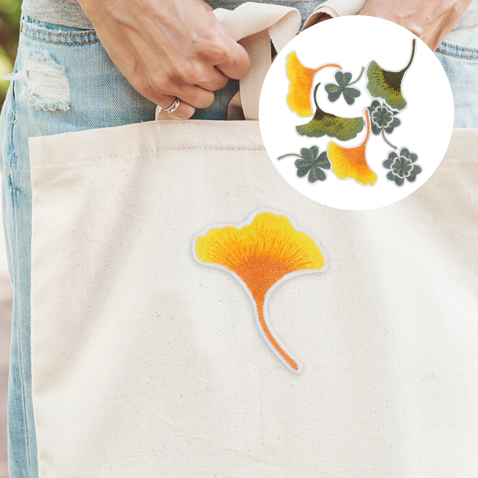 

8pcs Gradient Ginkgo Leaf Patches Self-Adhesive Embroidered Applique For Clothing Bags Shoes Repair Conceal Stains Durable