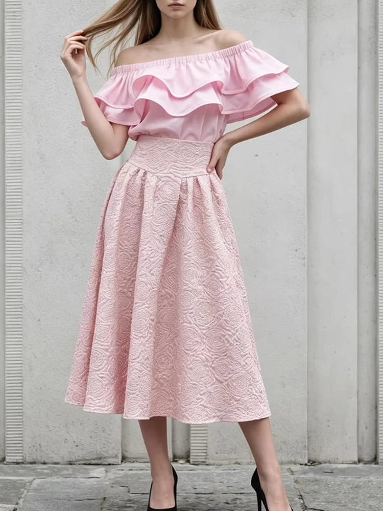 High Quality Big Swing Half Length Skirt Suit Women Ruffle One Shoulder Double Layered Top+loose Bust Skirt Female Two Piece Set