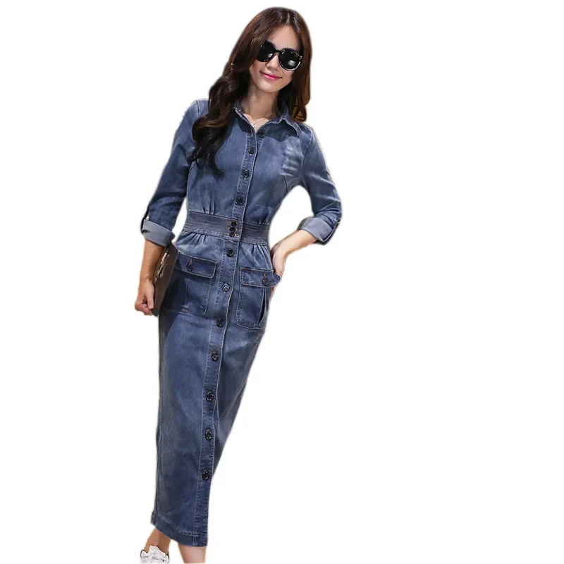 

Autumn Winter Long Sleeve Single-breasted Denim Dress Women Straight Long Jeans Dresses Women Bodycon Turndown Collar Midi Dress